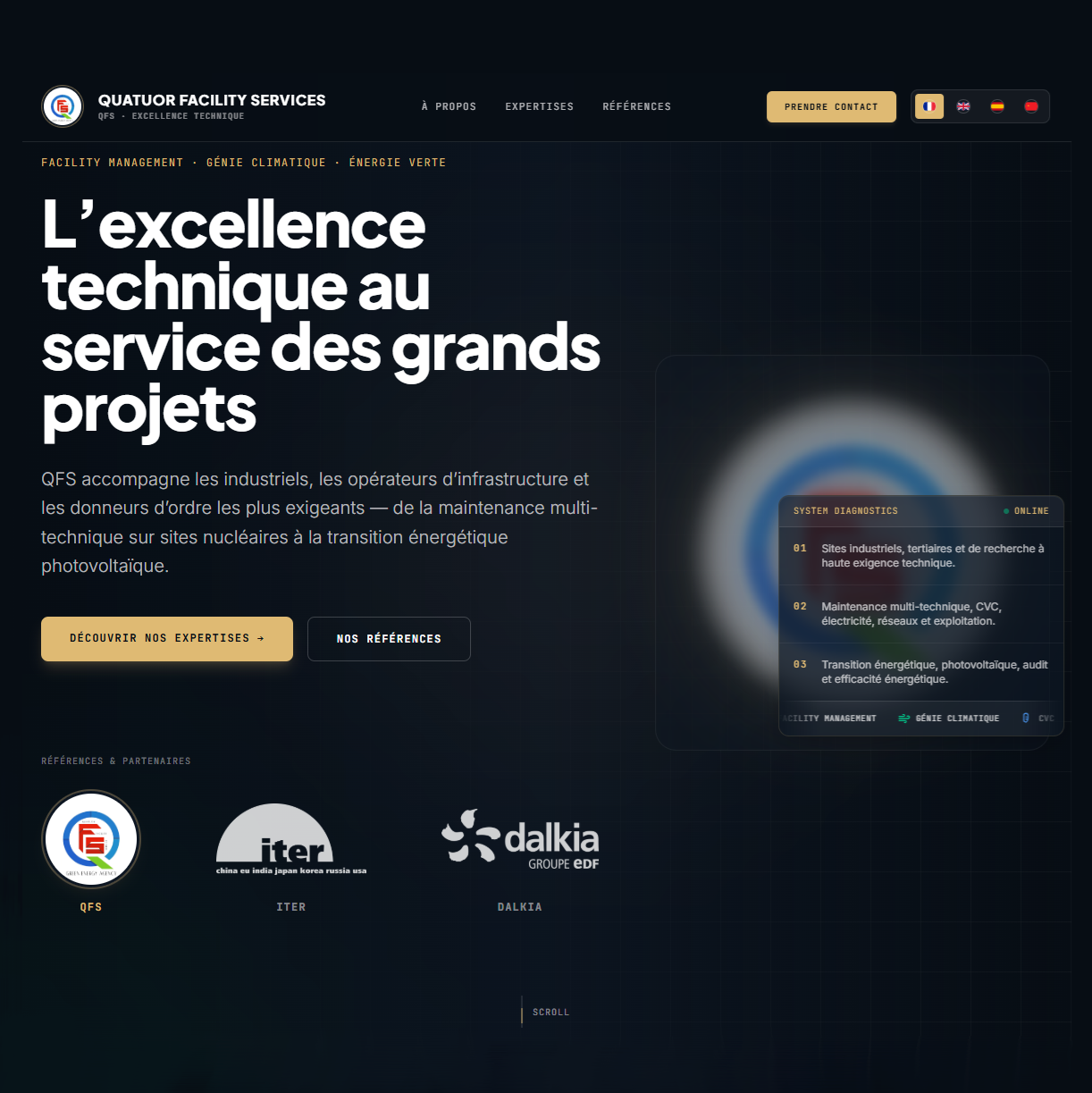 Création de site vitrine professionnel pour Quatuor Facility Services (QFS Services) ingénierie